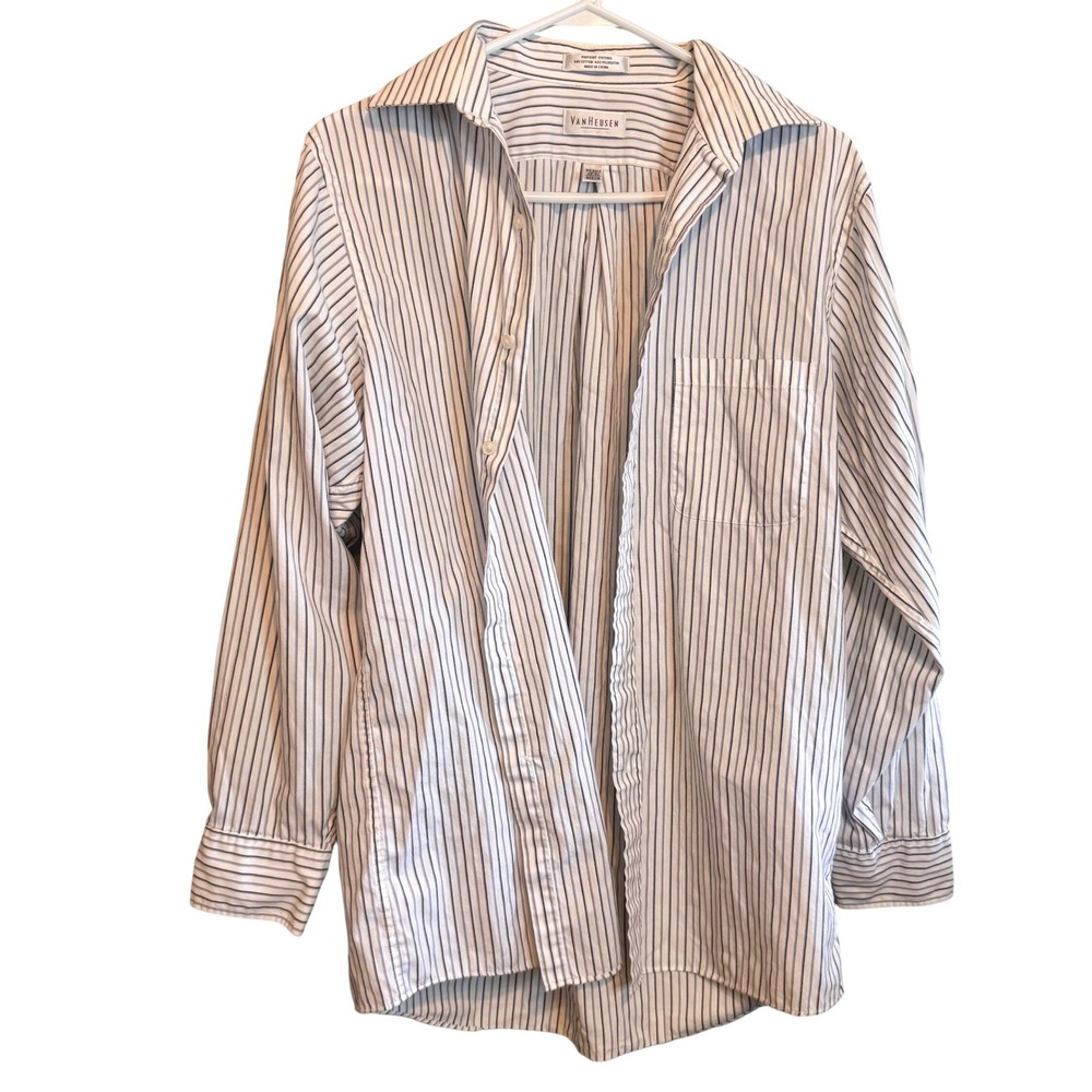 Van Heusen Mens Pinpoint Oxford Striped Dress Shirt White Medium‎ 15.5 32/33